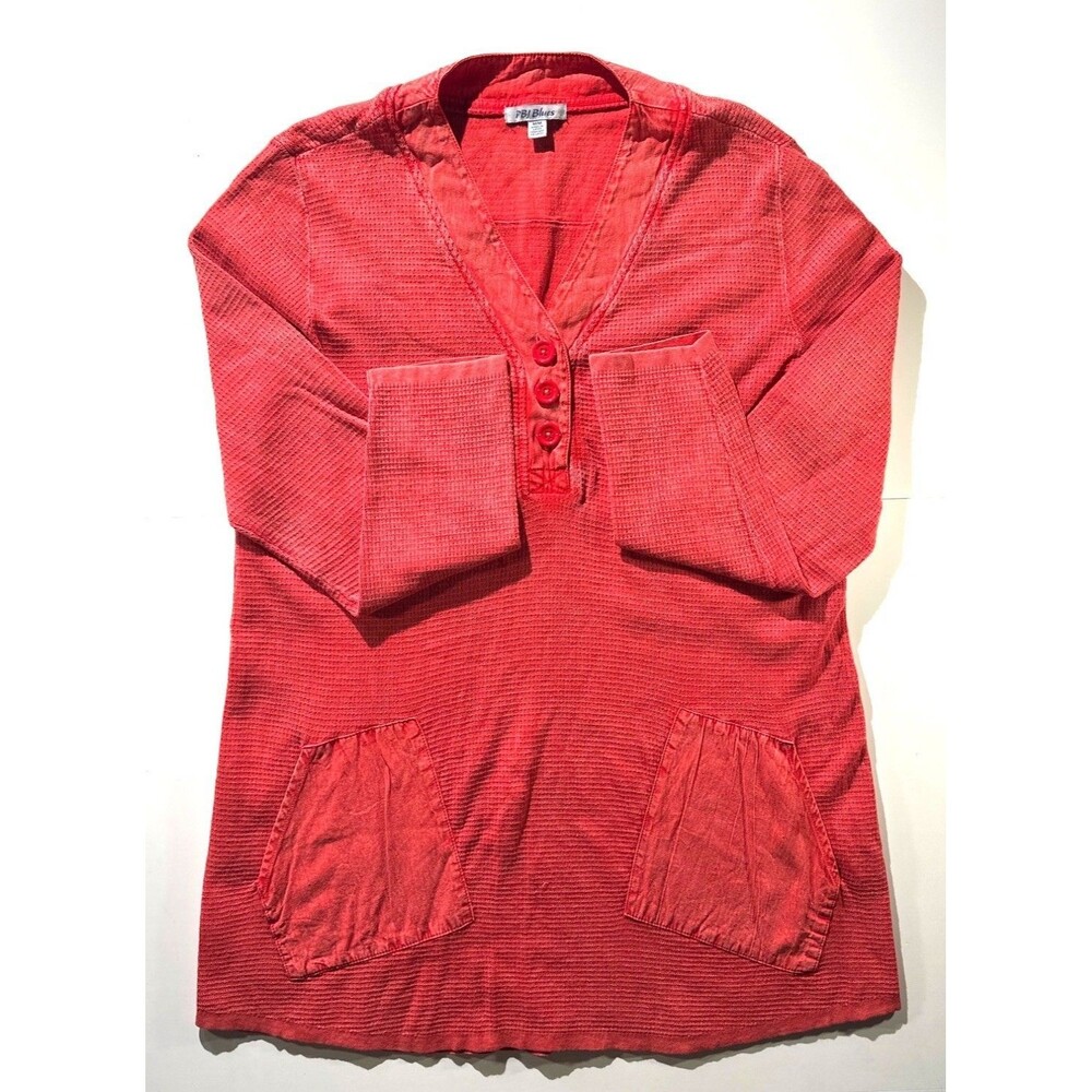 PBJ Blues Red Long Sleeve Button V-Neck Tunic Top With Pockets 100% Cotton M